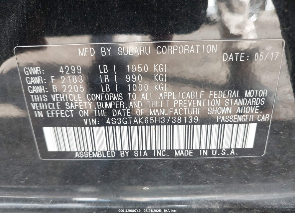 2017 SUBARU IMPREZA VIN: 4S3GTAK65H3738139