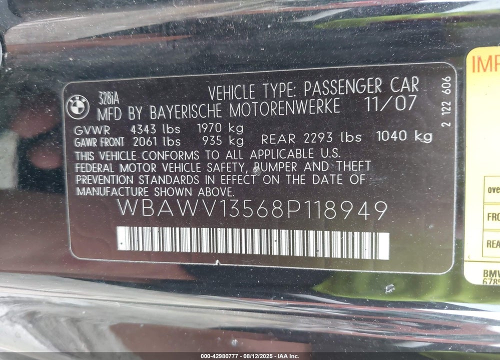 2008 BMW 3 SERIES VIN: WBAWV13568P118949