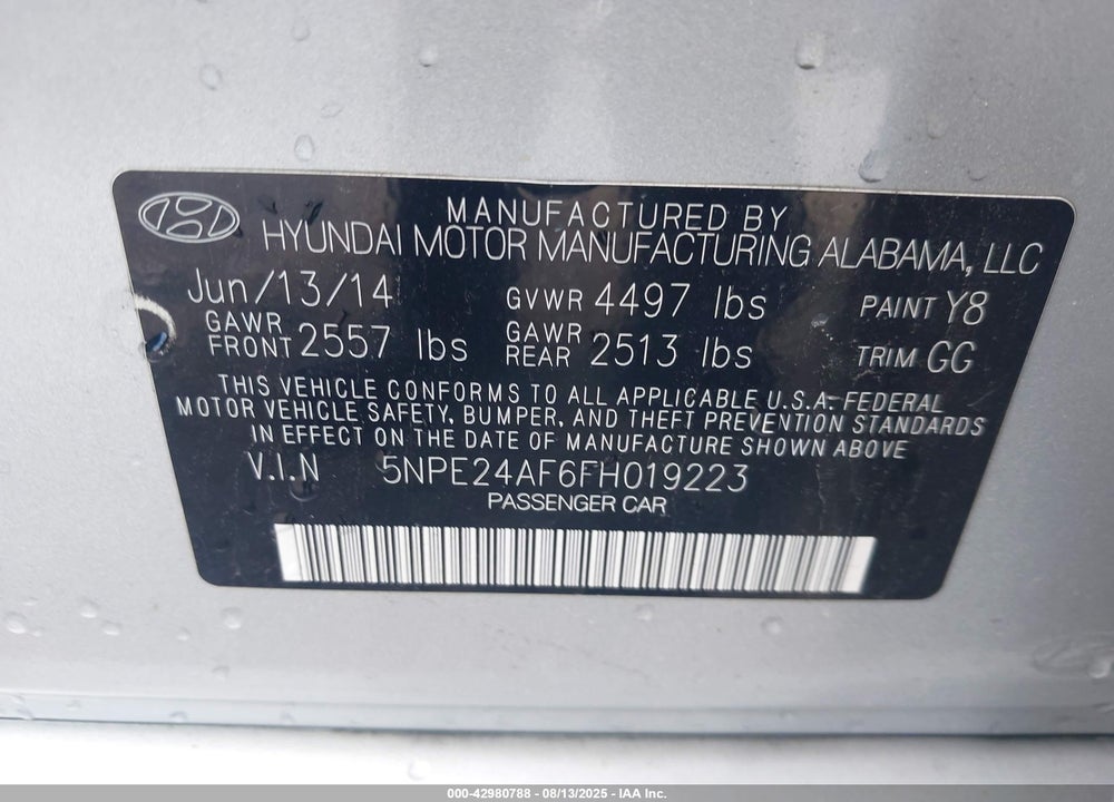 2015 HYUNDAI SONATA SE VIN: 5NPE24AF6FH019223