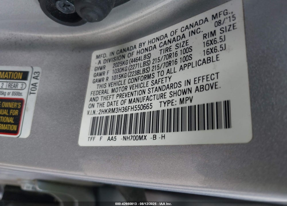 2015 HONDA CR-V VIN: 2HKRM3H36FH550665