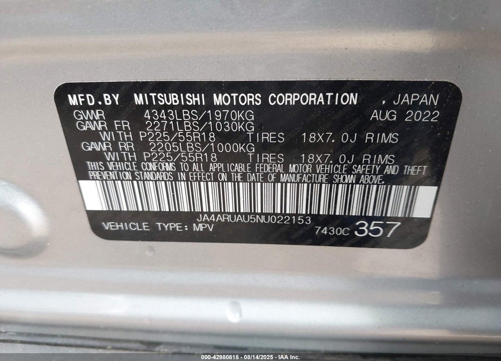 2022 MITSUBISHI OUTLANDER SPORT VIN: JA4ARUAU5NU022153