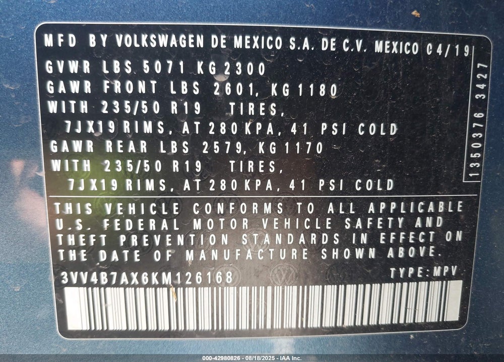 2019 VOLKSWAGEN TIGUAN 2.0T SEL PREMIUM/2.0T SEL PREMIUM R-LINE VIN: 3VV4B7AX6KM126168