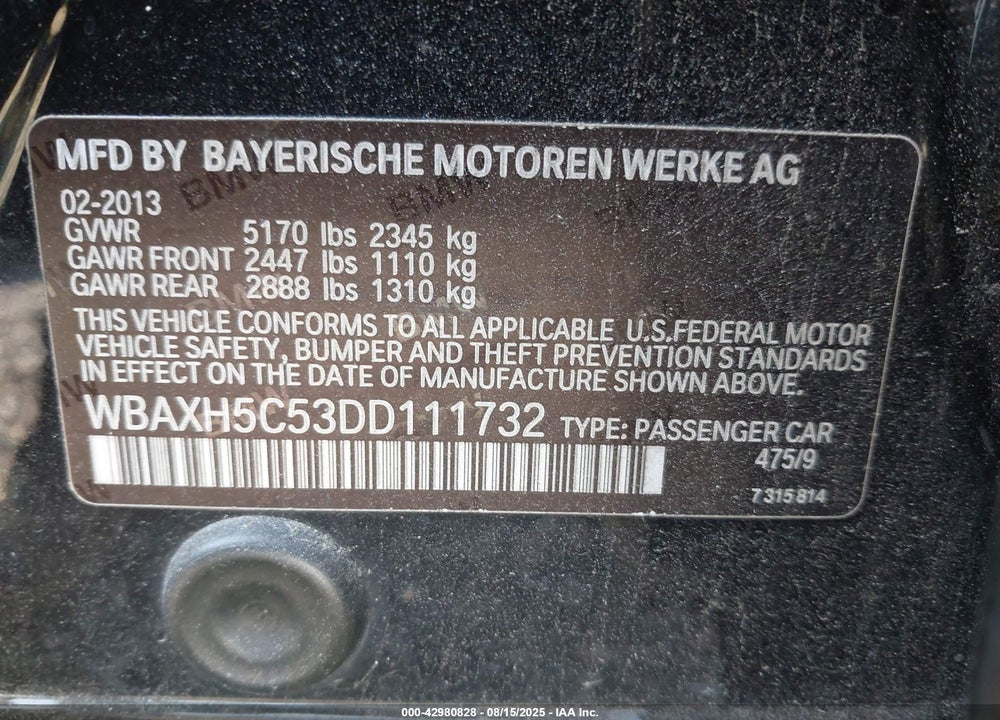 2013 BMW 5 SERIES VIN: WBAXH5C53DD111732