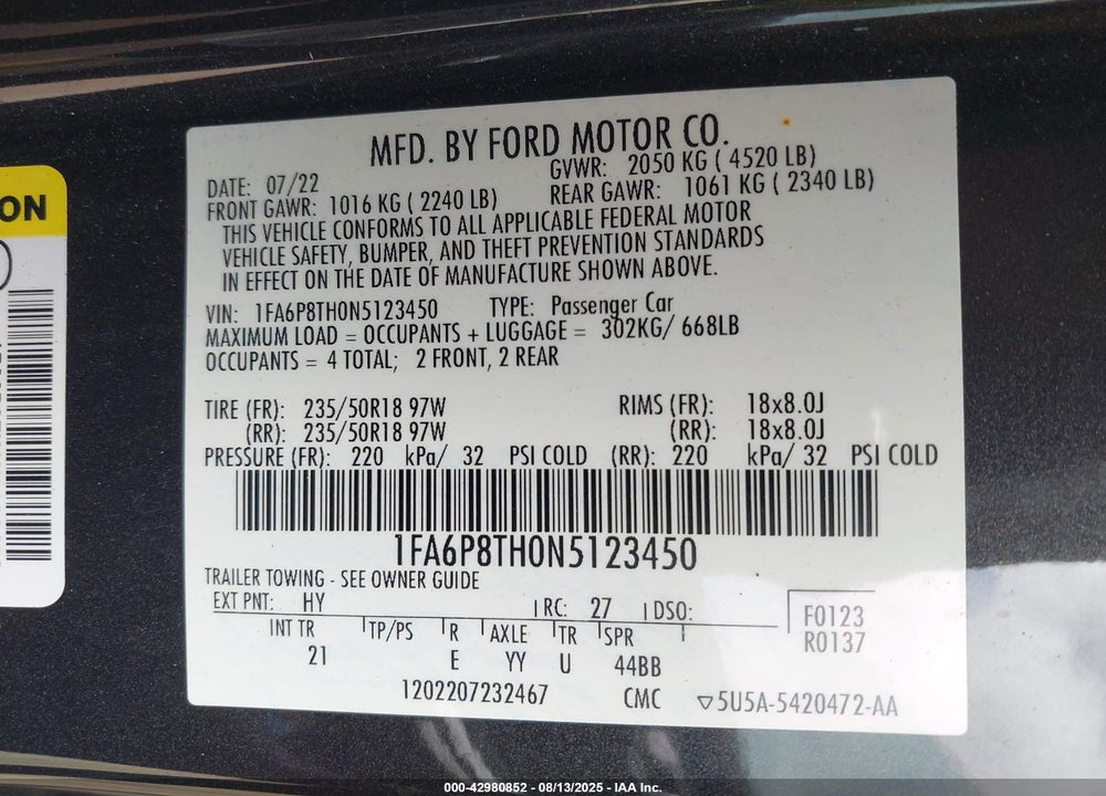 2022 FORD MUSTANG VIN: 1FA6P8TH0N5123450
