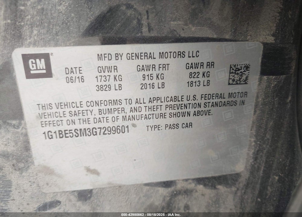 2016 CHEVROLET CRUZE VIN: 1G1BE5SM3G7299601