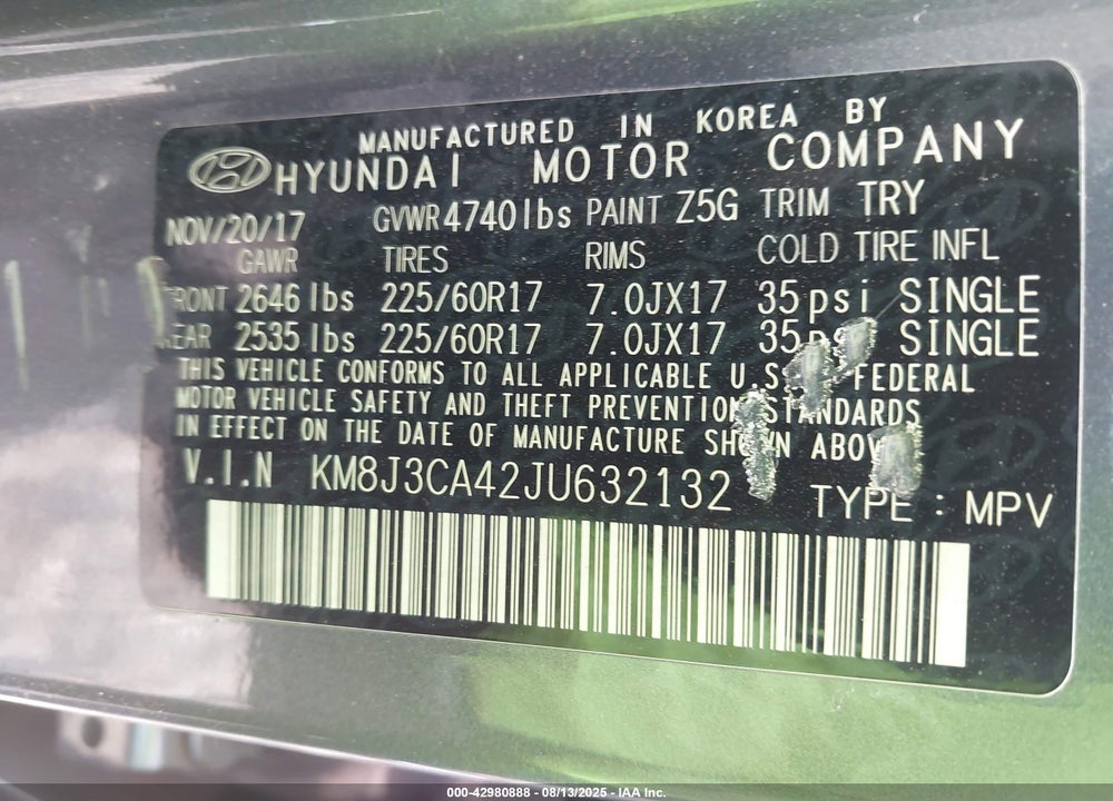 2018 HYUNDAI TUCSON VIN: KM8J3CA42JU632132