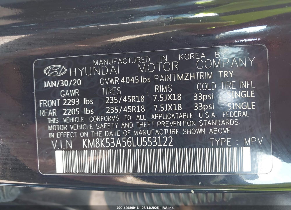 2020 HYUNDAI KONA VIN: KM8K53A56LU553122