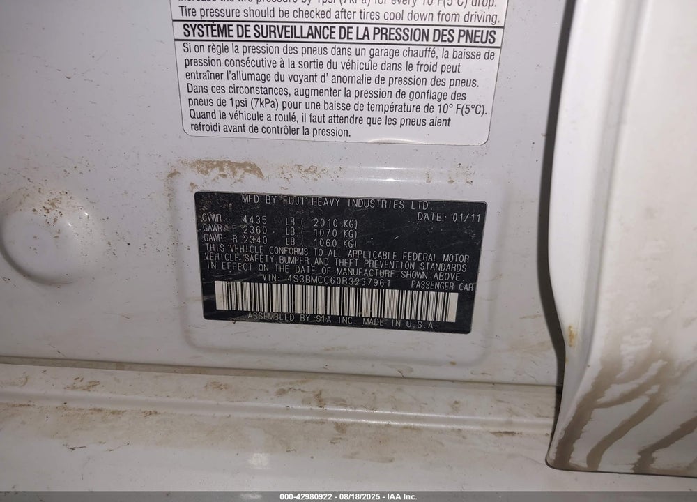 2011 SUBARU LEGACY 2.5I PREMIUM VIN: 4S3BMCC60B3237961