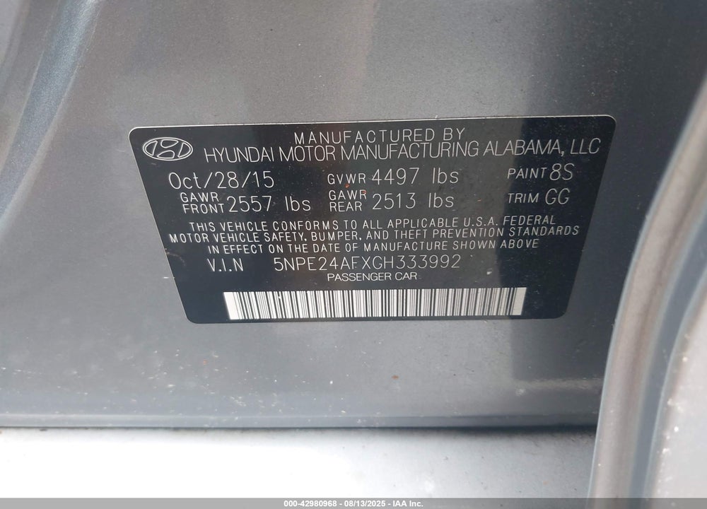 2016 HYUNDAI SONATA VIN: 5NPE24AFXGH333992