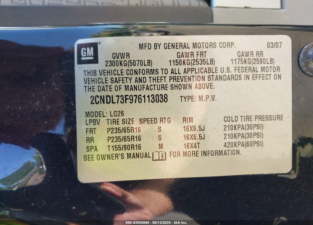 2007 CHEVROLET EQUINOX LT VIN: 2CNDL73F976113038