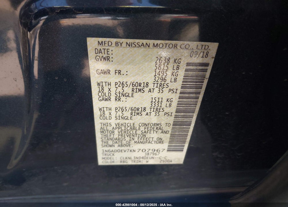 2019 NISSAN FRONTIER VIN: 1N6AD0EV7KN707967