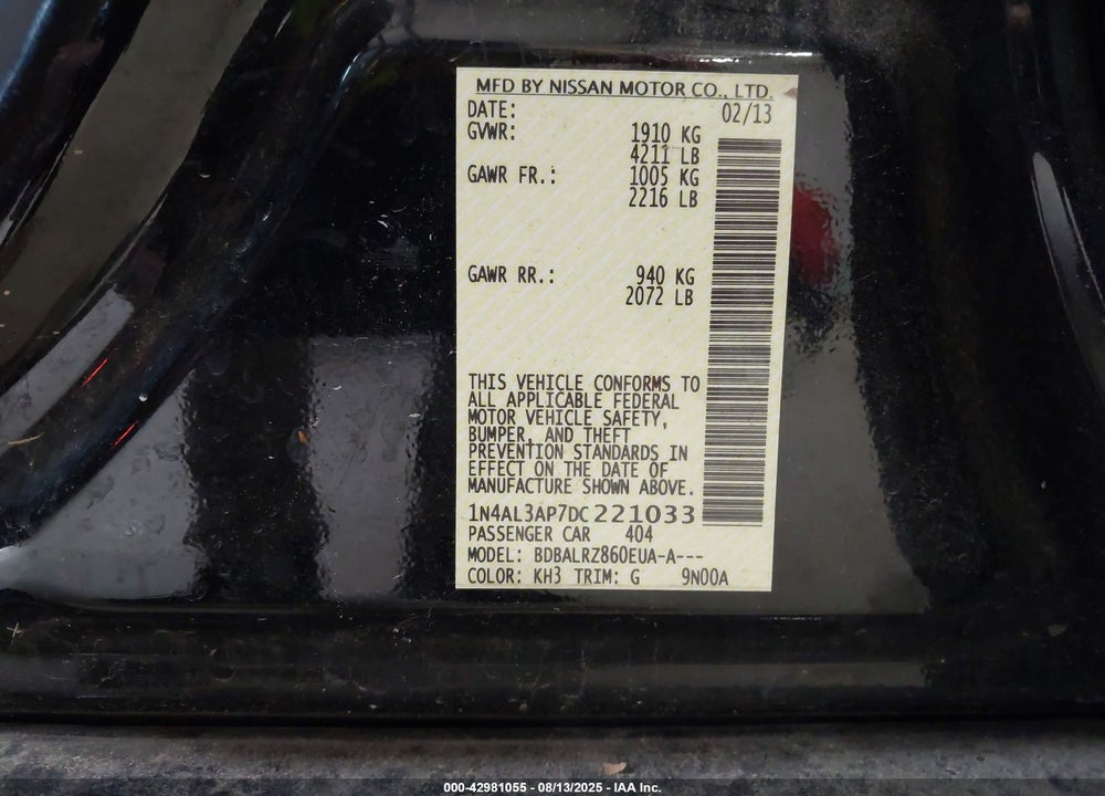 2013 NISSAN ALTIMA VIN: 1N4AL3AP7DC221033