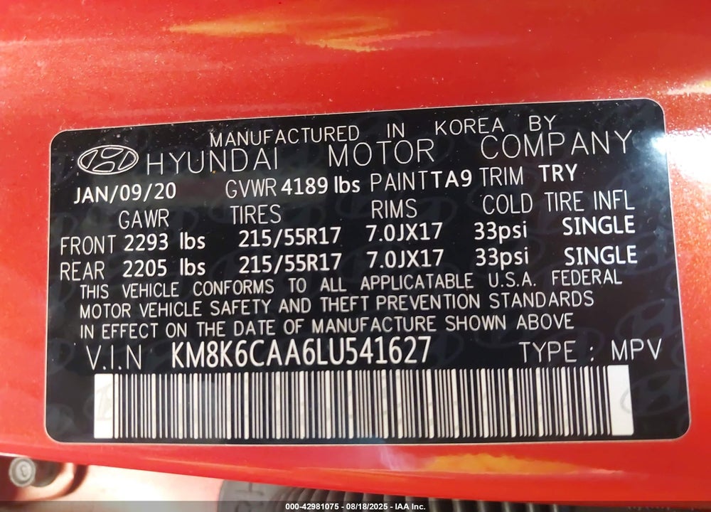 2020 HYUNDAI KONA VIN: KM8K6CAA6LU541627
