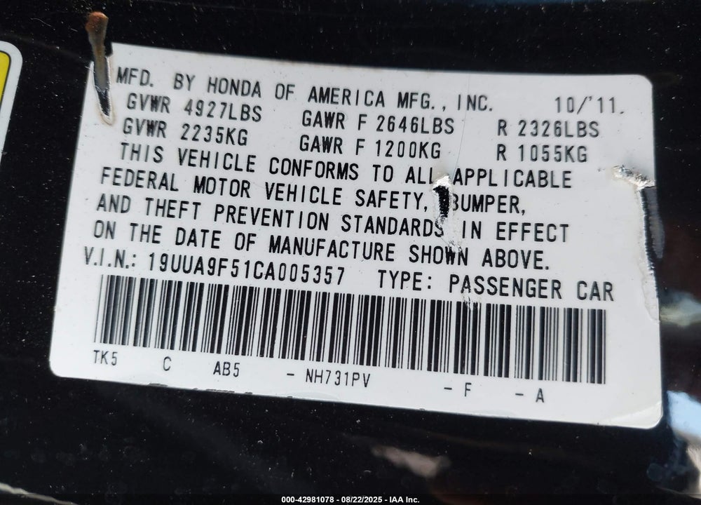 2012 ACURA TL VIN: 19UUA9F51CA005357
