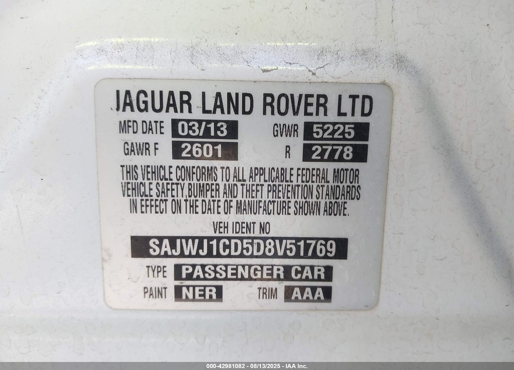 2013 JAGUAR XJ SERIES VIN: SAJWJ1CD5D8V51769