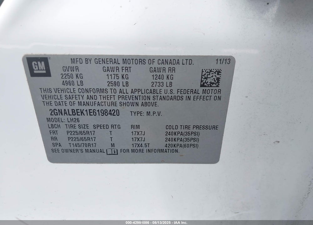 2014 CHEVROLET EQUINOX VIN: 2GNALBEK1E6198420