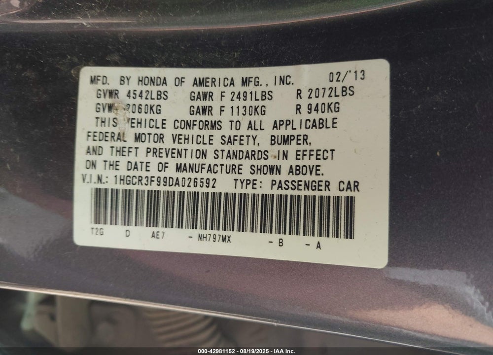 2013 HONDA ACCORD TOURING VIN: 1HGCR3F99DA026592