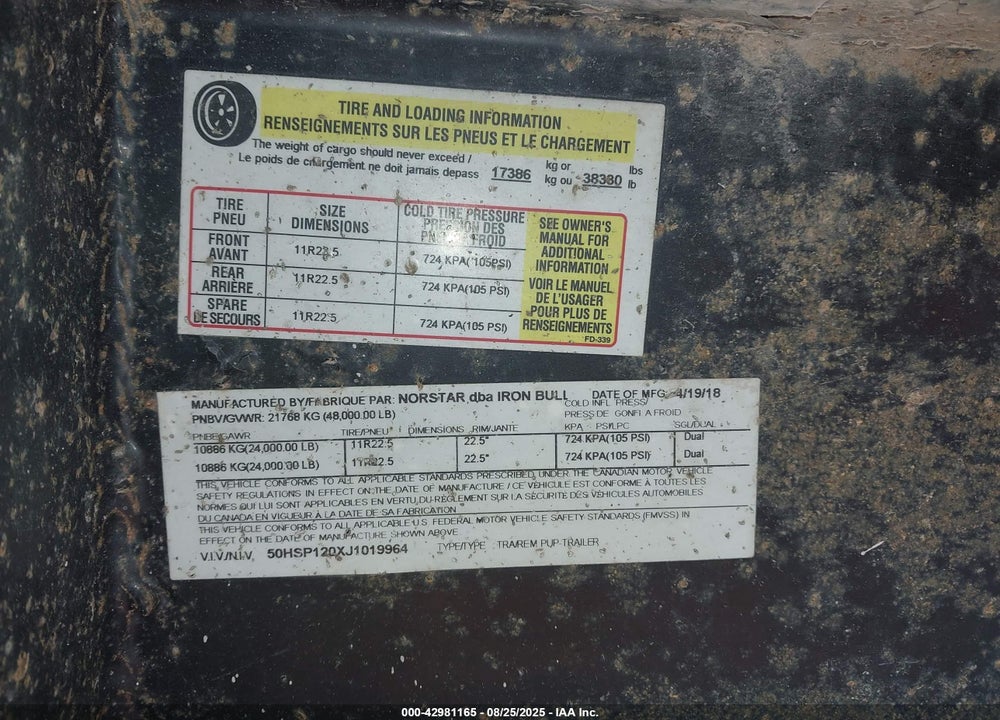 2018 NORSTAR TRAILERS DUMP TRAILER VIN: 50HSP120XJ1019964