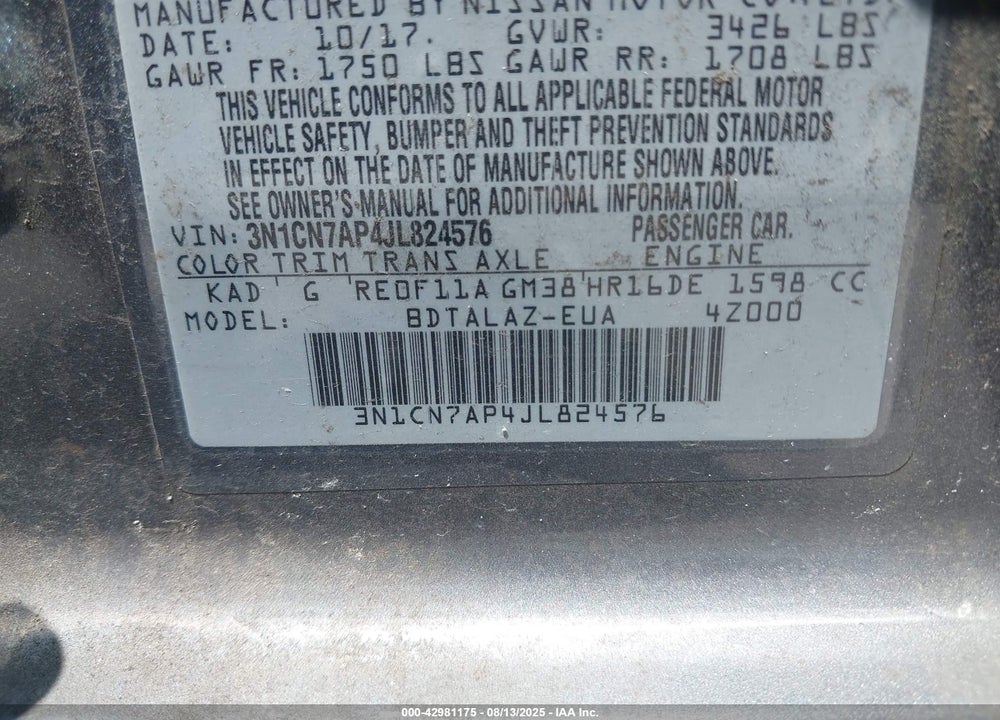 2018 NISSAN VERSA 1.6 S+ VIN: 3N1CN7AP4JL824576
