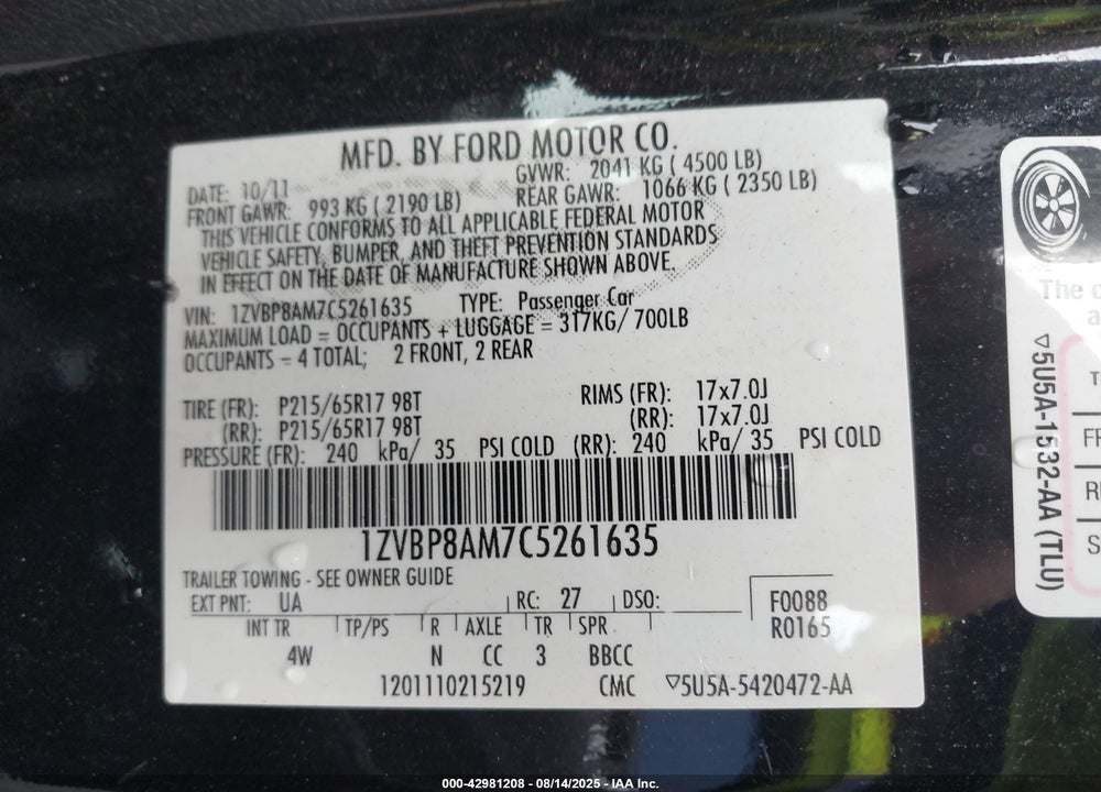 2012 FORD MUSTANG VIN: 1ZVBP8AM7C5261635