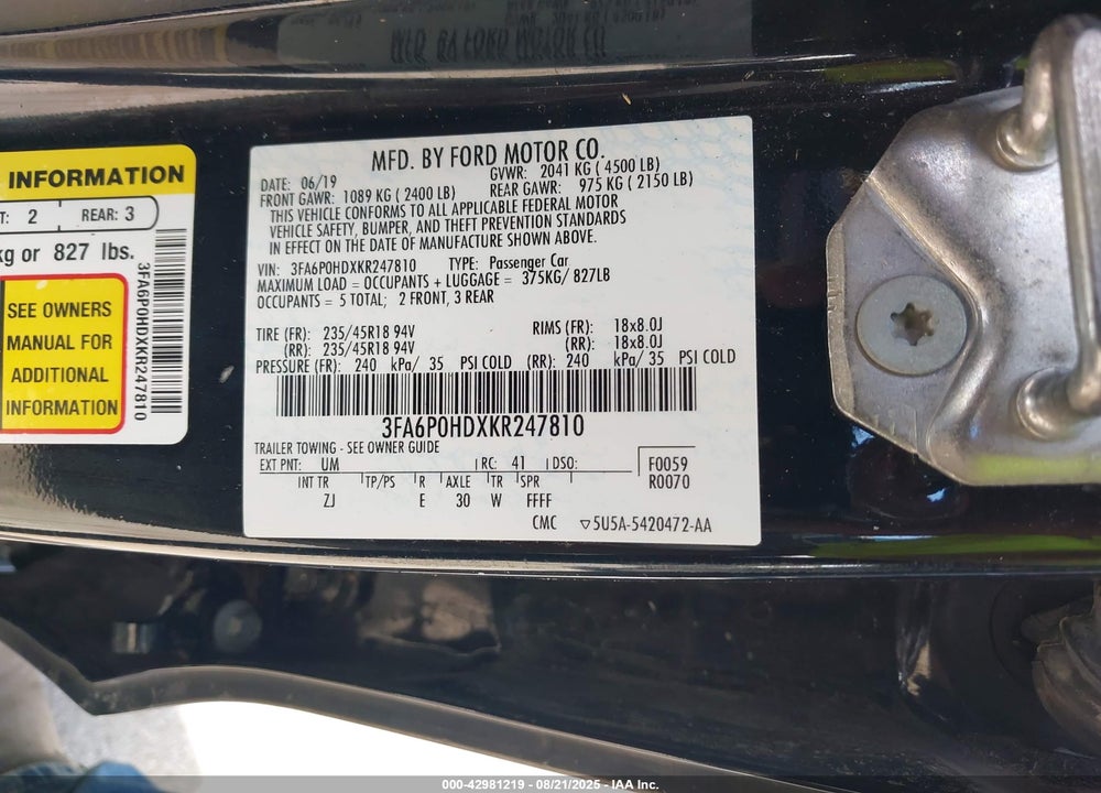 2019 FORD FUSION VIN: 3FA6P0HDXKR247810