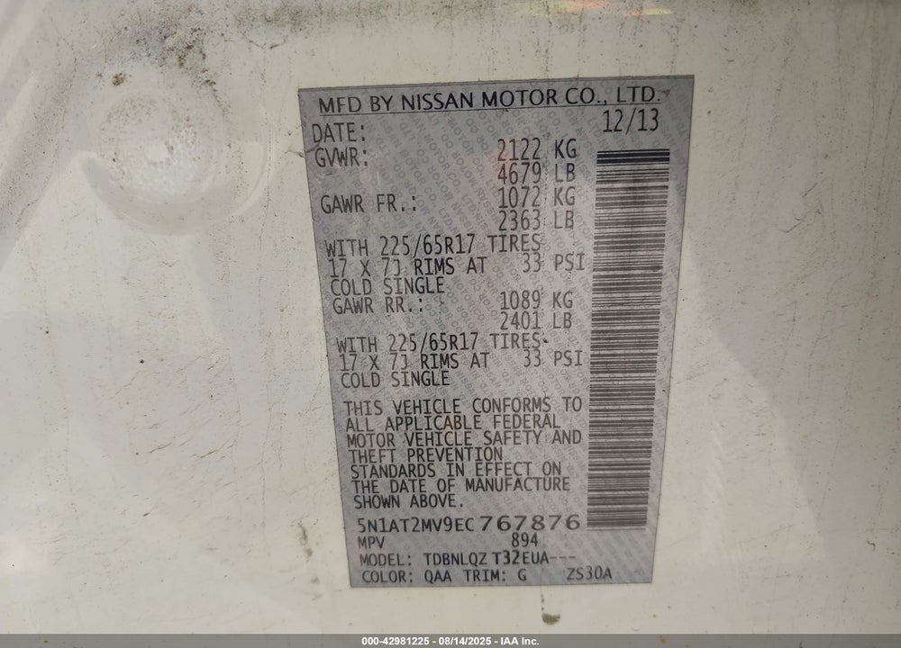 2014 NISSAN ROGUE VIN: 5N1AT2MV9EC767876
