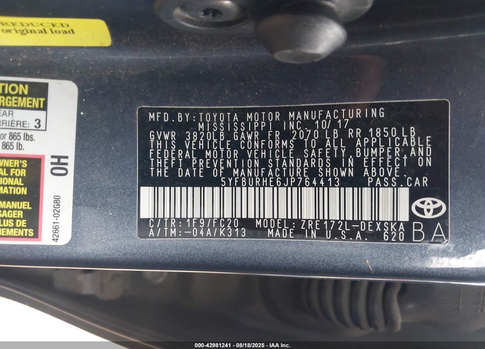 2018 TOYOTA COROLLA SE VIN: 5YFBURHE6JP764413