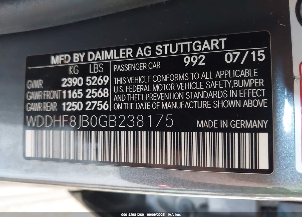 2016 MERCEDES-BENZ E-CLASS VIN: WDDHF8JB0GB238175