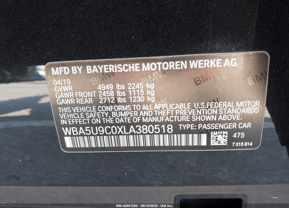 2020 BMW 3 SERIES VIN: WBA5U9C0XLA380518