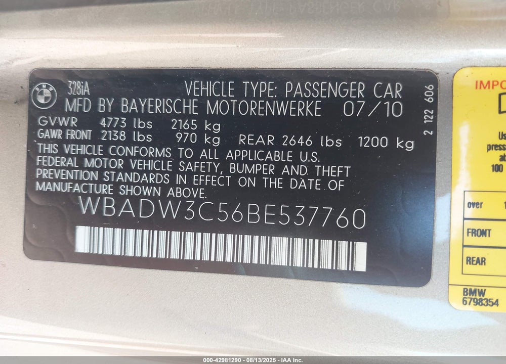 2011 BMW 3 SERIES VIN: WBADW3C56BE537760