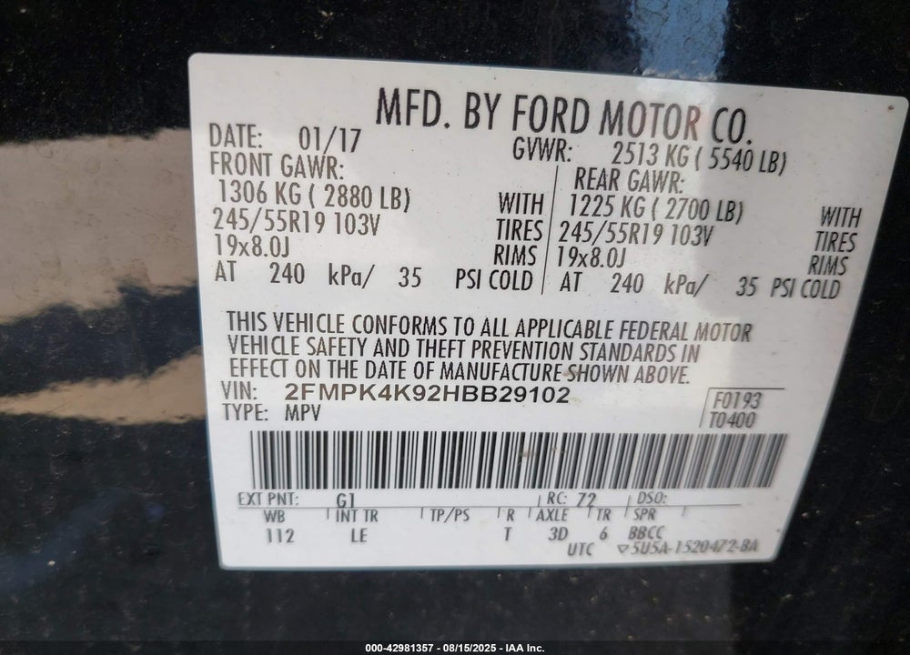 2017 FORD EDGE VIN: 2FMPK4K92HBB29102