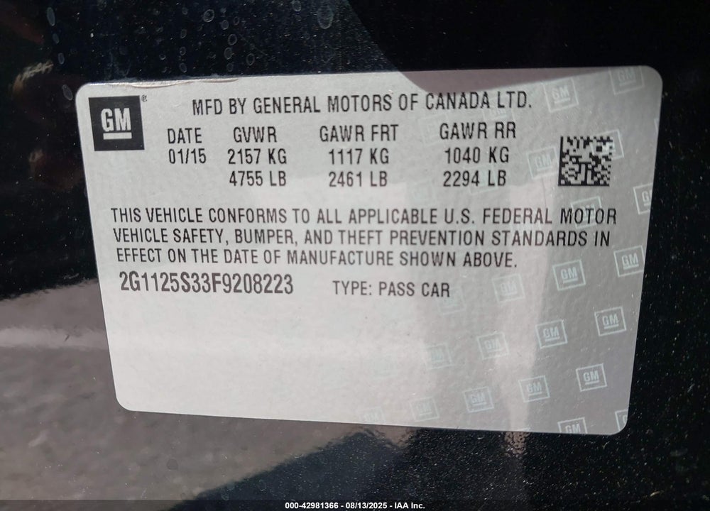 2015 CHEVROLET IMPALA VIN: 2G1125S33F9208223