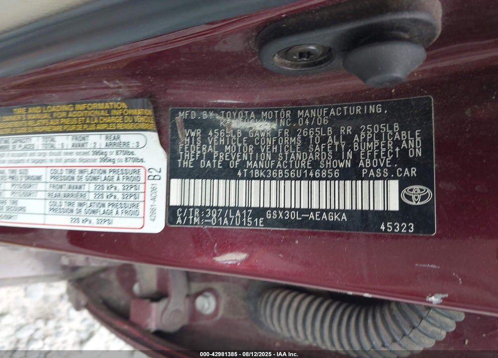 2006 TOYOTA AVALON VIN: 4T1BK36B56U146856