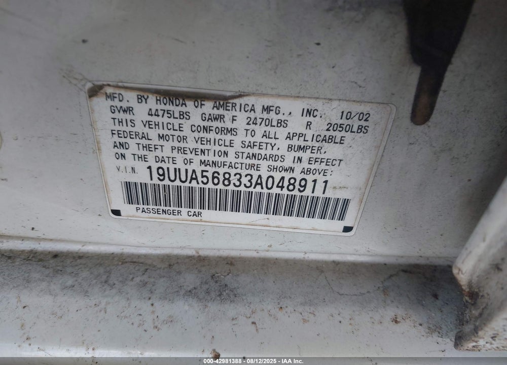 2003 ACURA TL 3.2 TYPE S VIN: 19UUA56833A048911