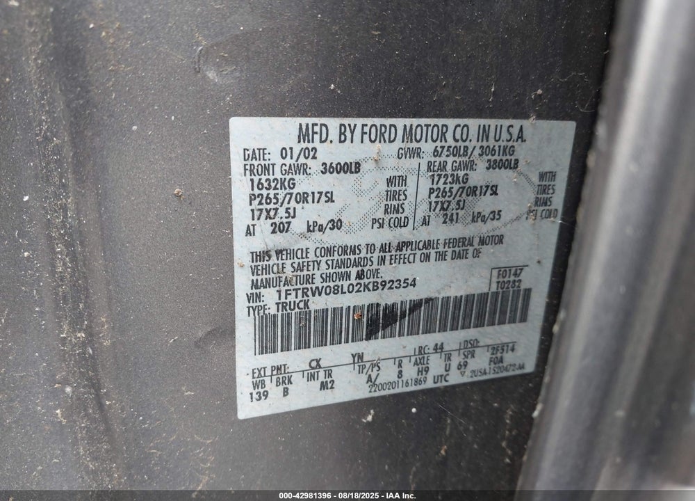 2002 FORD F-150 LARIAT/XLT VIN: 1FTRW08L02KB92354