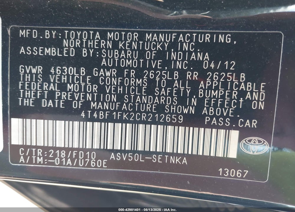2012 TOYOTA CAMRY VIN: 4T4BF1FK2CR212659