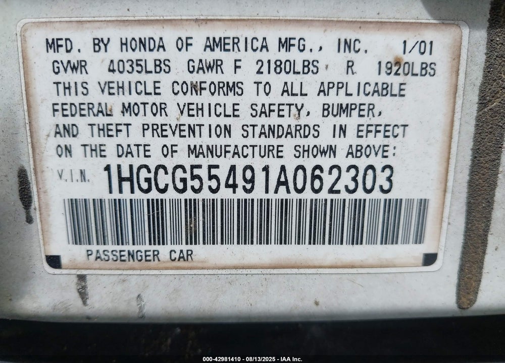2001 HONDA ACCORD 2.3 LX VIN: 1HGCG55491A062303