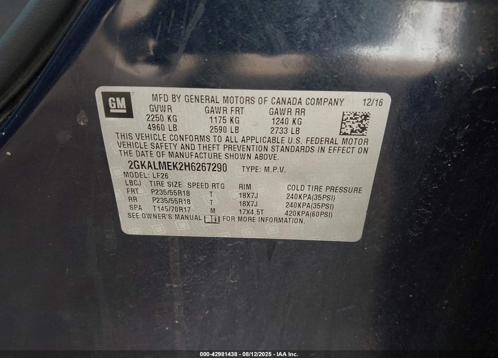 2017 GMC TERRAIN VIN: 2GKALMEK2H6267290