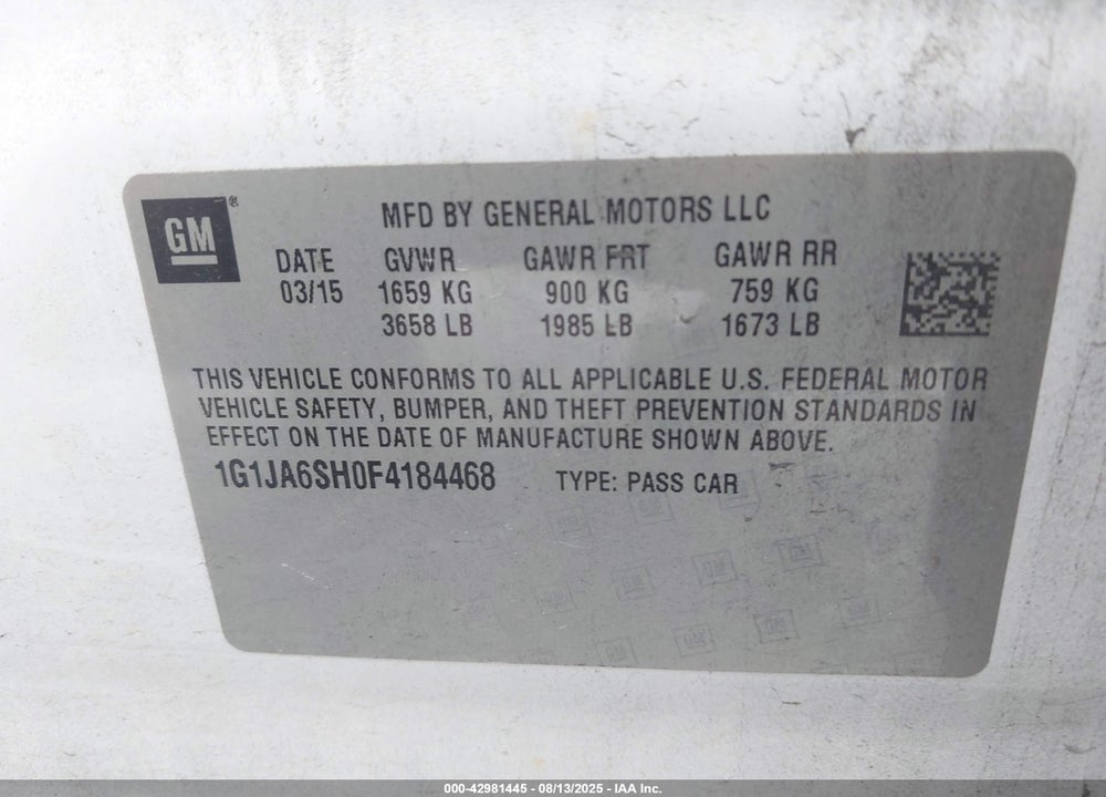 2015 CHEVROLET SONIC VIN: 1G1JA6SH0F4184468