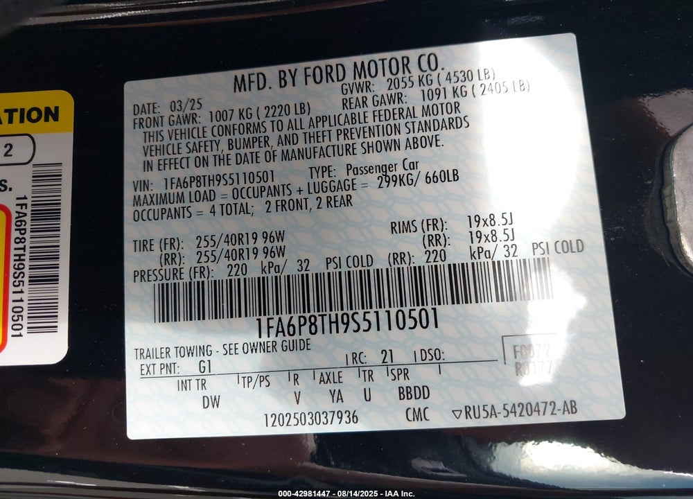 2025 FORD MUSTANG VIN: 1FA6P8TH9S5110501