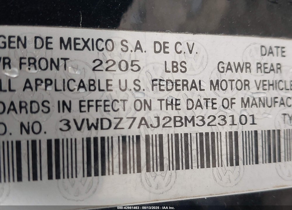 2011 VOLKSWAGEN JETTA 2.5L SE VIN: 3VWDZ7AJ2BM323101