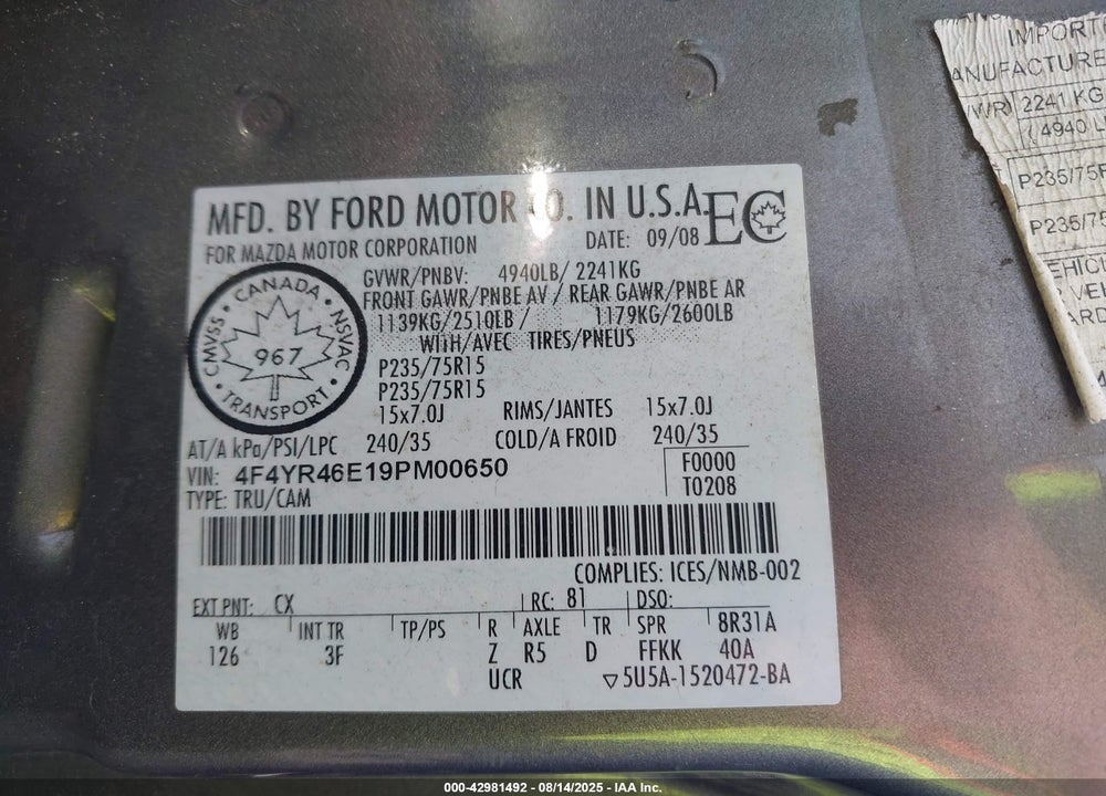 2009 MAZDA B4000 VIN: 4F4YR46E19PM00650