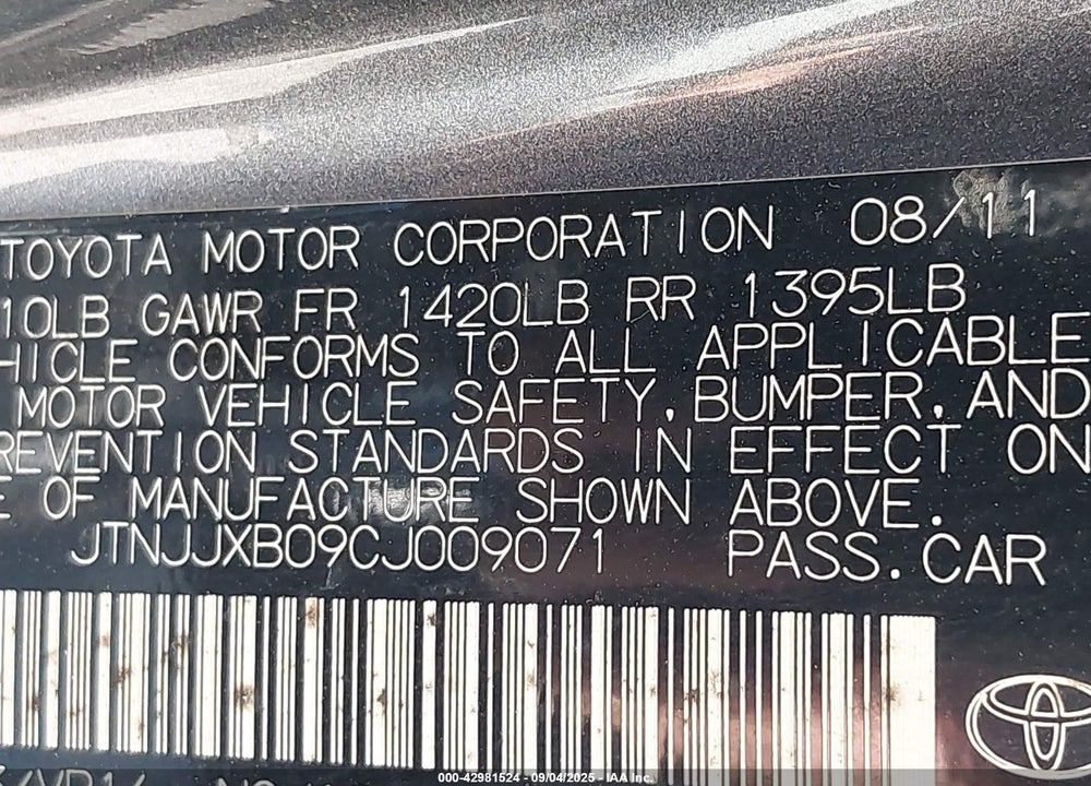 2012 SCION IQ VIN: JTNJJXB09CJ009071