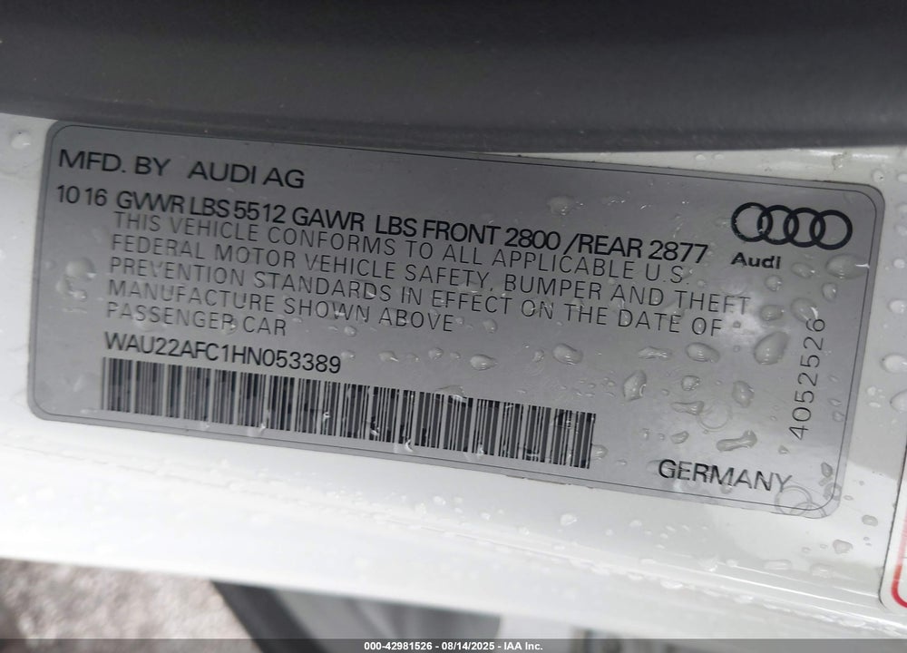 2017 AUDI A7 VIN: WAU22AFC1HN053389
