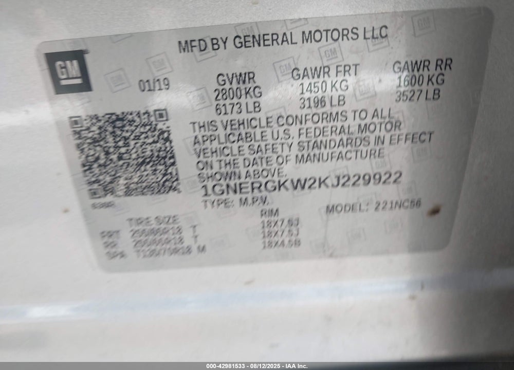 2019 CHEVROLET TRAVERSE VIN: 1GNERGKW2KJ229922