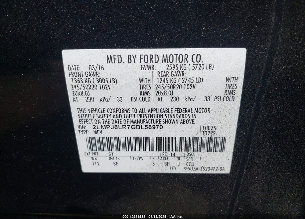 2016 LINCOLN MKX VIN: 2LMPJ8LR7GBL58970