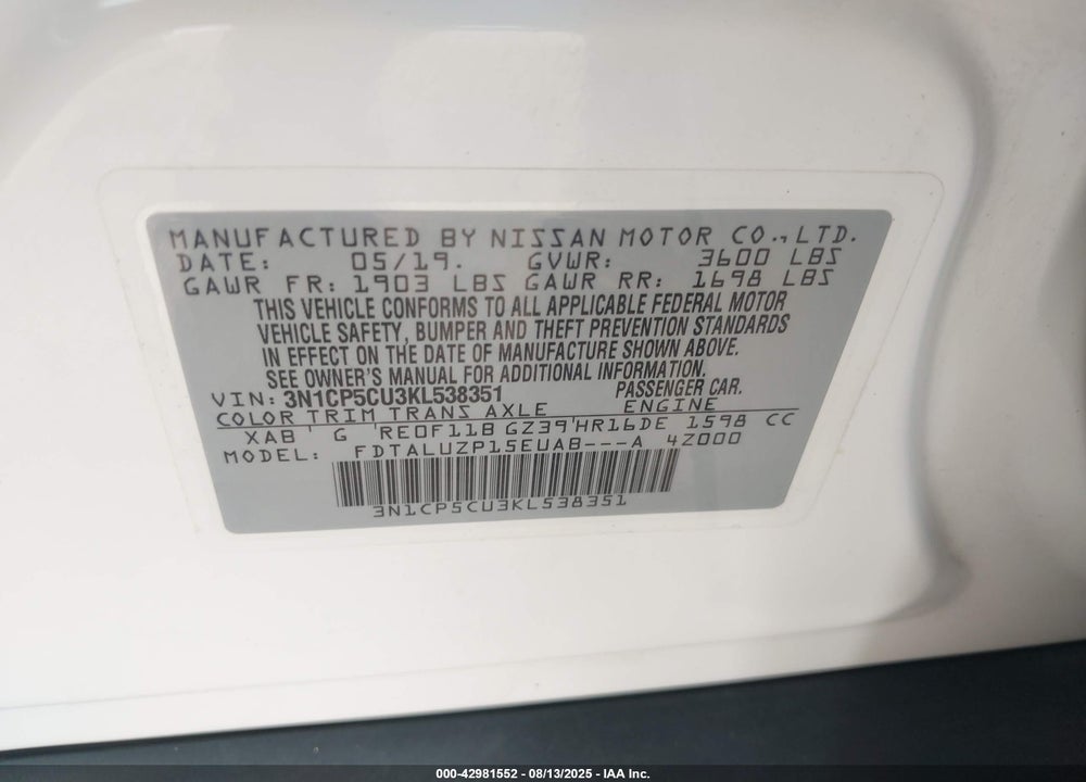 2019 NISSAN KICKS SR VIN: 3N1CP5CU3KL538351