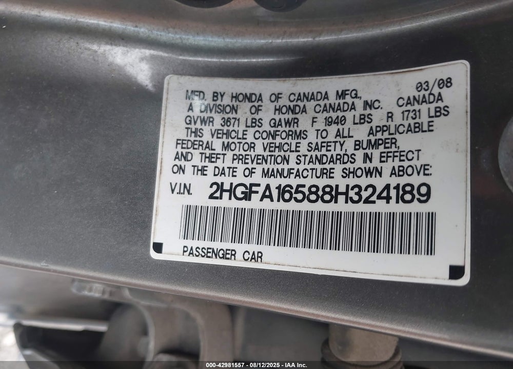 2008 HONDA CIVIC LX VIN: 2HGFA16588H324189