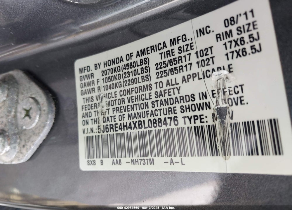 2011 HONDA CR-V VIN: 5J6RE4H4XBL088476