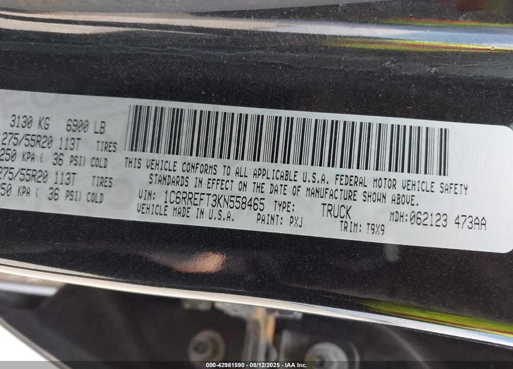 2019 RAM 1500 VIN: 1C6RREFT3KN558465